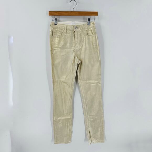 Jonathan Simkhai Metallic Gold Jeans Ankle Slit Skinny Pants Made in USA Size 26 - Picture 1 of 8